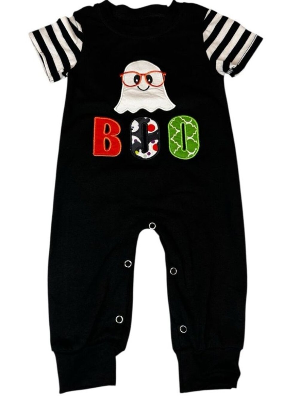 Baby Halloween Romper 3–6M Boo Ghost Appliqué Black White Striped Short Sleeve